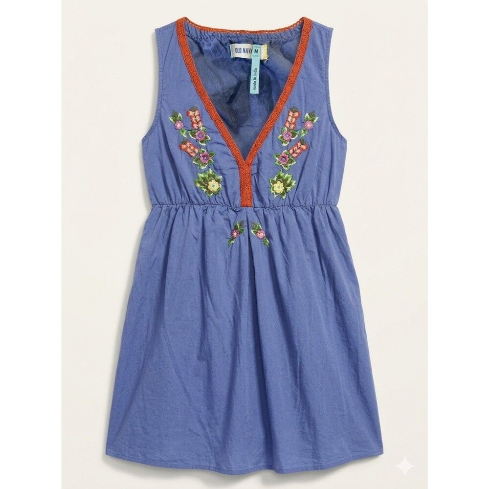 VTG  Y2K Old Navy Women M Blue Boho Floral Embroidered Empire Waist Mini Dress